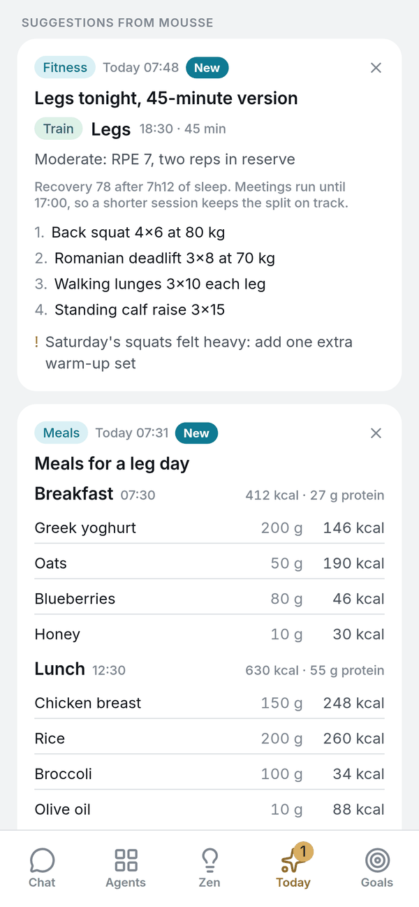 Today page: sleep, training, meals and reminders